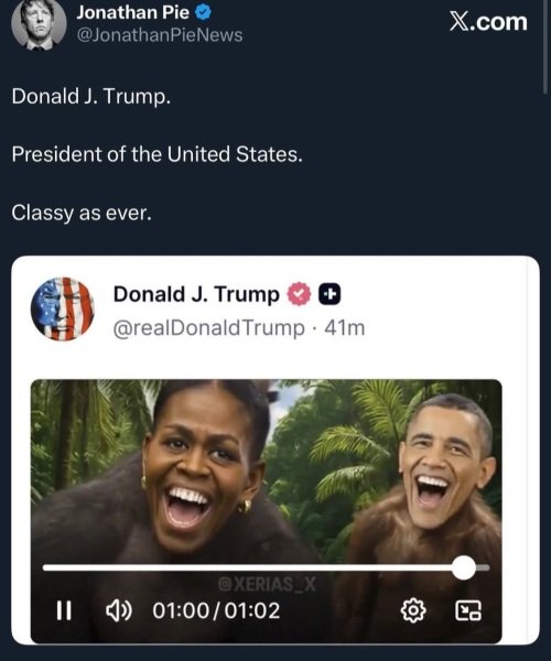 To be shocked Trump reposted an AI video today showing the Obamas as monkeys?