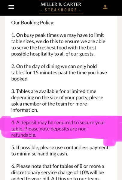 RESTAURANT BOOKING CANCELLED - DEPOSIT TAKEN FROM BANK