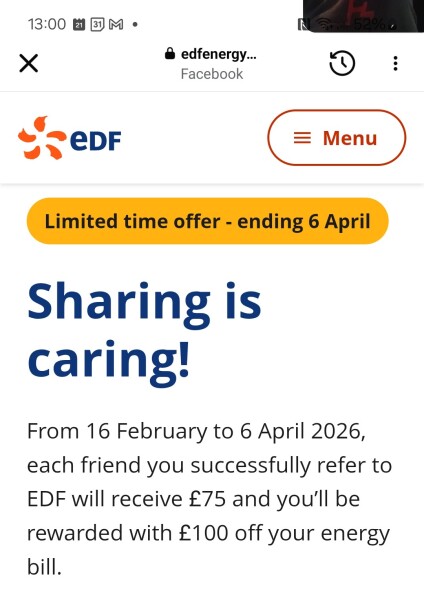 EDF friend referral link for £75 reward in energy bill credit