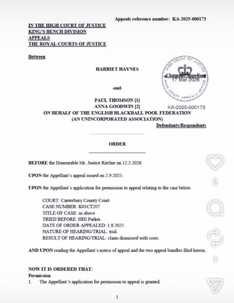 Haynes v Blackball Pool Federation is back on - this time at the High Court