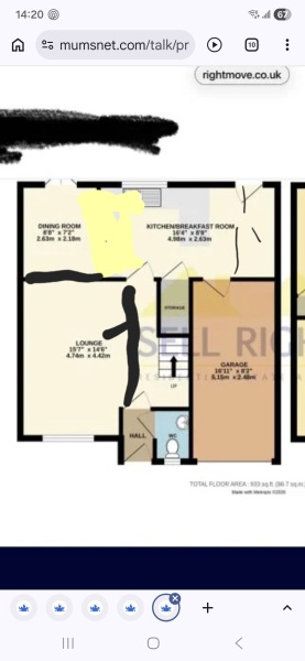 Help me decide how to best make this kitchen larger. Where should the doors go?