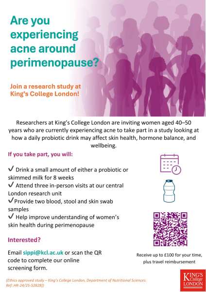 Women aged 40-50 with acne wanted for a new King’s College London study! 👩‍🔬