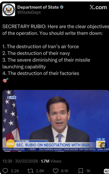 Rubio on Al Jazerra states primary reason for war on Iran