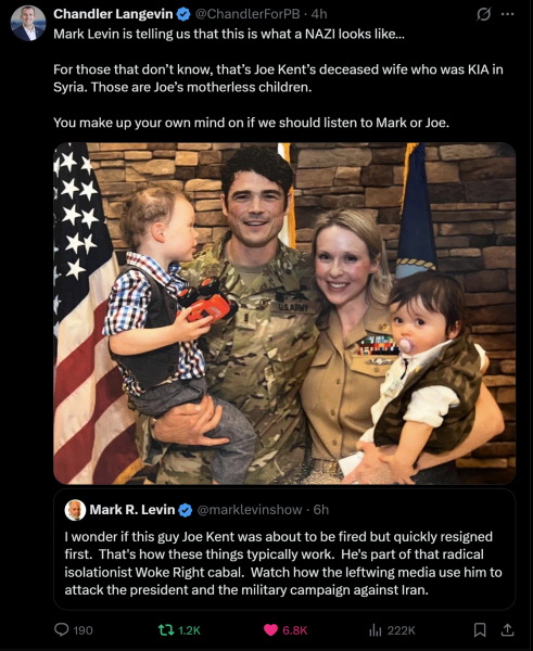 Trumps senior counter terrorism officer resigns due to the war with Iran and has said they only went to war because of Israeli pressure, not because of any imminent threat from Iran.