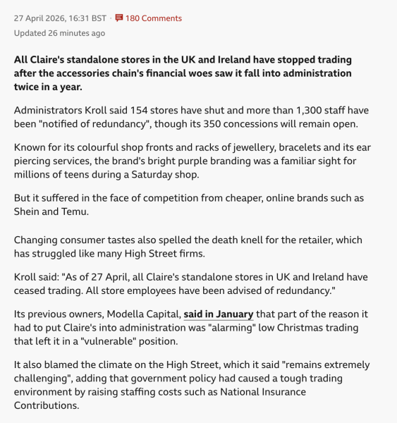 Claire’s Accessories goes under - blaming Rachel Reeves for the 1,300 jobs lost