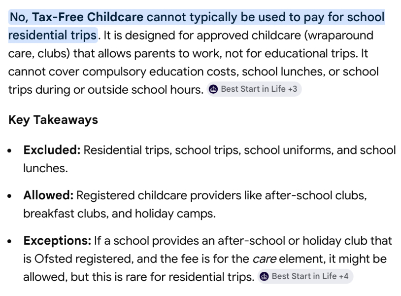 Can tax-free childcare be used for a school residential trip?