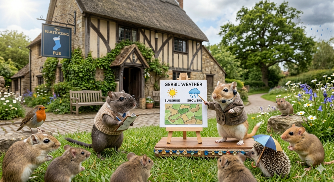 Touchdown at the Newest Bluestocking Inn. Pudding, cups of tea, the vegetable garden coming into its own, and gerbils beautiful gerbils all furry.
