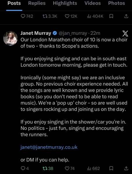 Scope is punishing women for wrongthink - Whole choir cancelled from London Marathon because of personal GC views of one person