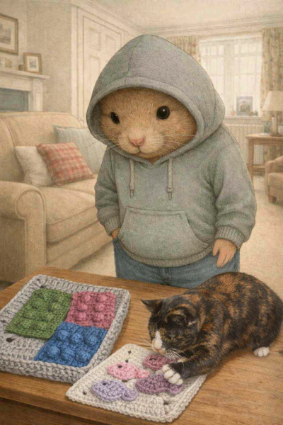 Part 2. Our blanket making for lovely waffle heads into its final stages.