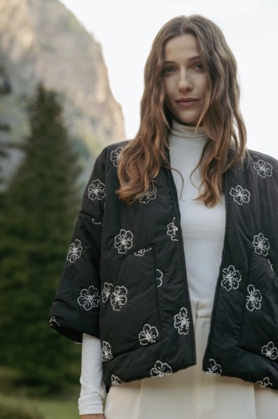 What jacket or cardigan would work with this denim dress?