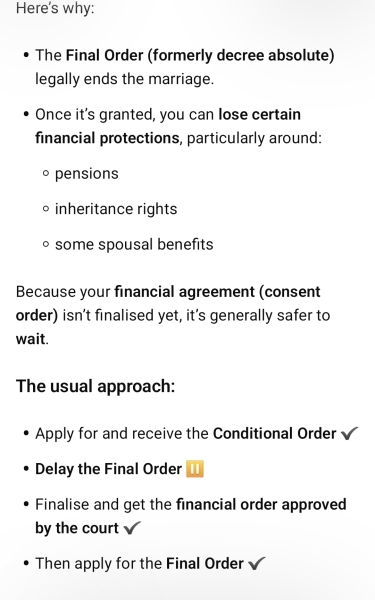 Should I delay the Final Order while finances are unresolved?