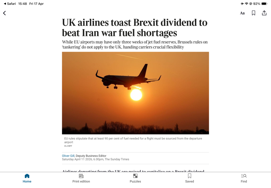 Europe has 6 weeks of jet fuel left *[title amended]