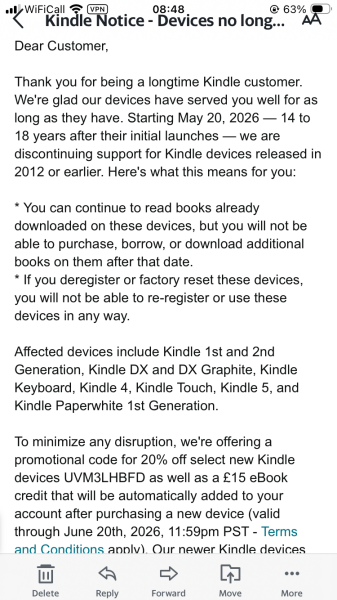 Message from Amazon about my much loved Kindle