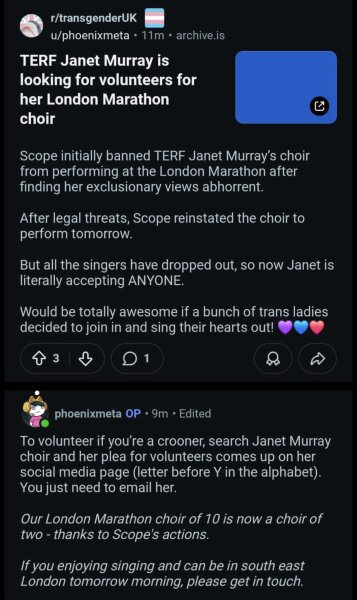 Scope is punishing women for wrongthink - Whole choir cancelled from London Marathon because of personal GC views of one person
