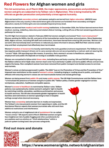 Women's Rights Network Red Flowers Campaign raising awareness for women and girls in Afghanistan
