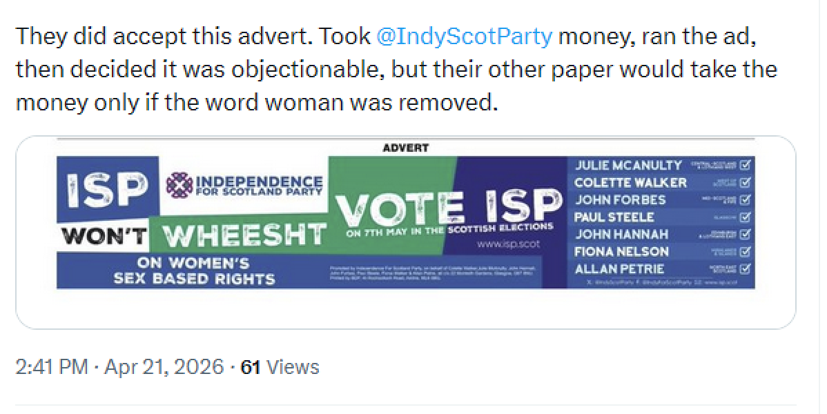 National/Herald refuse to carry political ad unless word 'woman' is removed