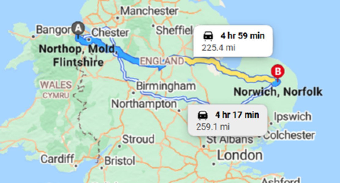 Suggestions for a countryside or seaside stop between Norwich and Wales