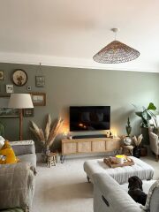 How to style a grey-sofa, brown-carpet, grey/sage-walls living room - help!