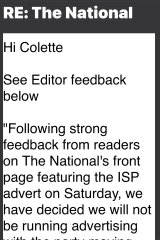 National/Herald refuse to carry political ad unless word 'woman' is removed