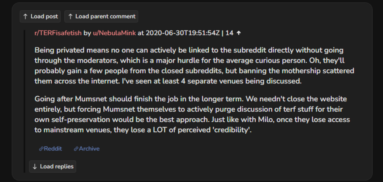 Arrested V-tuber (who is a man who identifies as trans) suggested “going after Mumsnet” in 2020 to fully deprive British women critical of gender ideology a space to discuss their concerns with trans-identified males.