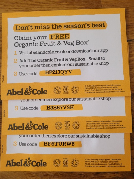 Abel & Cole free small fruit or veg box code