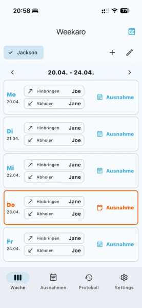 Co parenting app showing pick up and drop offs