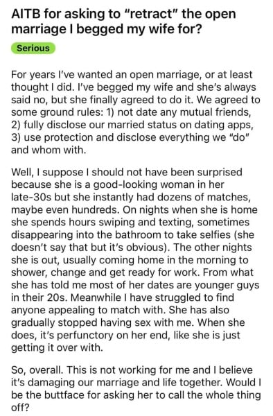 AIBU to think DH regrets opening our marriage now I enjoy it?