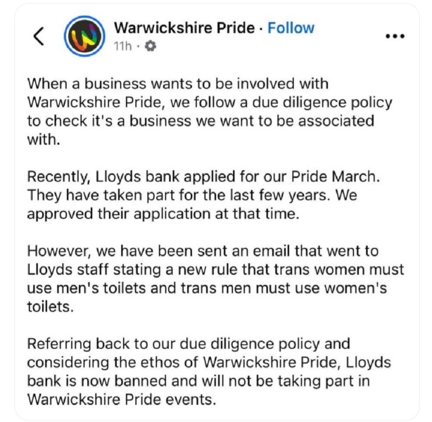 Lloyds Bank bans trans women from using female lavatories (STAFF)