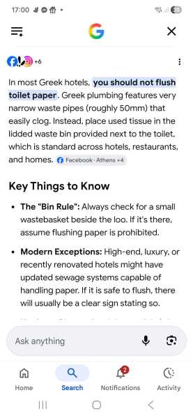 Rural accommodation Greece   - disposing toilet paper and pads