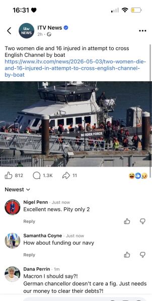 Facebook comments on crossing the channel and dead children