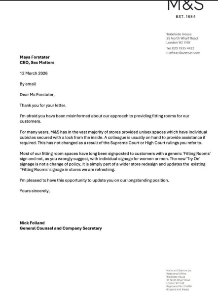 M&S Colchester claim mixed changing is ‘completely safe’ for women.