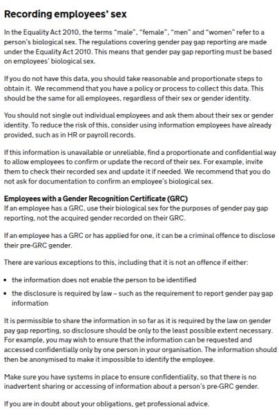 The Government has updated its guidance on 'Gender Pay Gap' reporting to now clearly state it refers to biological sex, not self-declared 'gender' and that GRCs must be ignored