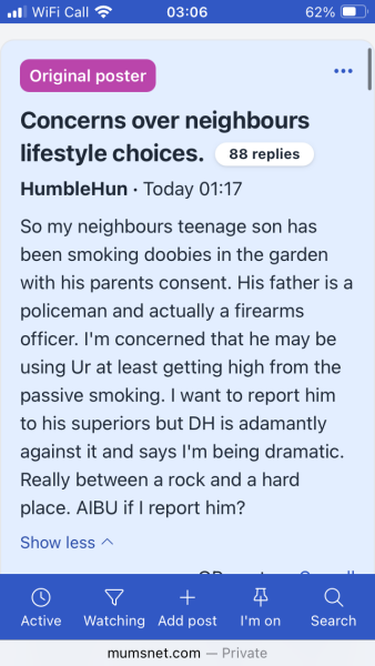 Concerns over neighbours lifestyle choices.