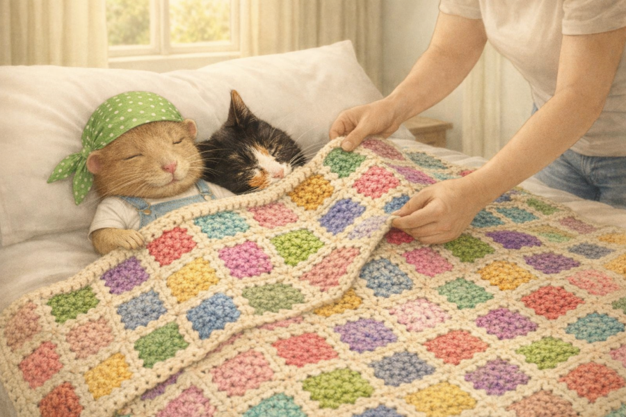 Part 2. Our blanket making for lovely waffle heads into its final stages.