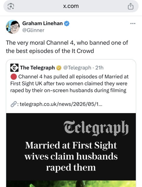 Graham Linehan makes women getting raped all about him.