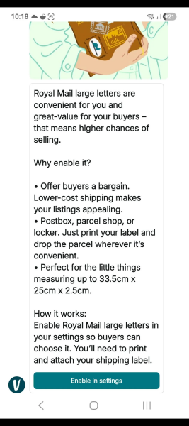 Vinted parcel warning - new Large Letter option