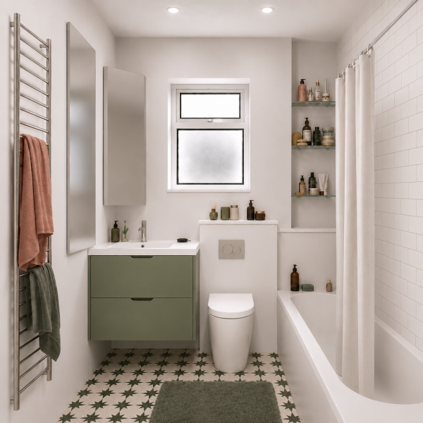 Should we add a little bit of extra warm colour to a white and green themed bathroom? Vote on pics!