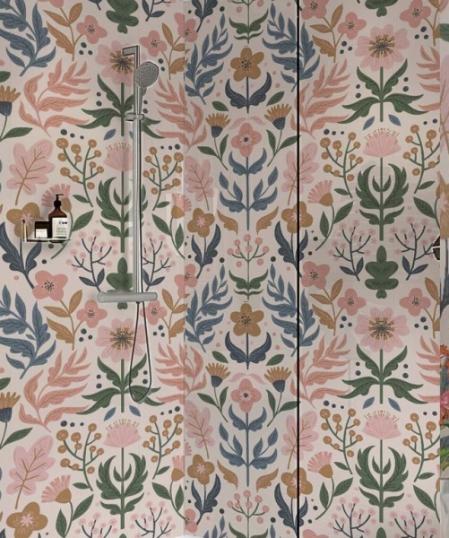 Bathroom flooring ideas for dark green panelling and dusty pink sink