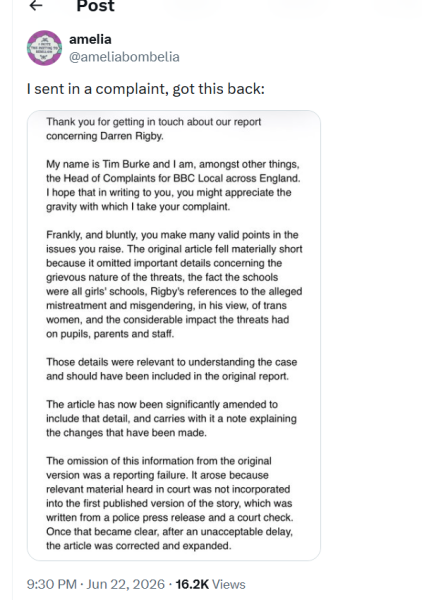 BBC Article updated with details "A man who admitted sending a number of threatening hoax emails to three girls schools, threatening to target pupils and staff over the "misgendering" of trans girls, has been jailed."
