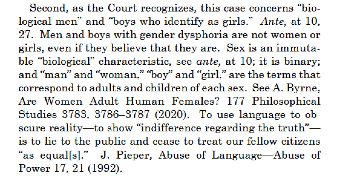 US Supreme Court allows states to ban trans identified players from sexed sports competition & teams that do not align with that players birth sex