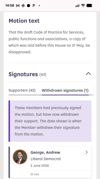 House of Commons  this afternoon. Ministerial statement on new code of practice