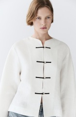 Jacket ideas for an apple shape with wide-leg trousers