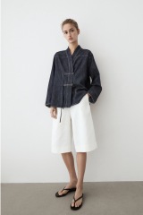 Jacket ideas for an apple shape with wide-leg trousers