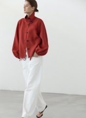 Jacket ideas for an apple shape with wide-leg trousers
