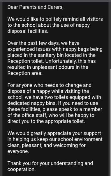 Primary school asking parents to not change Nappies in the toilet