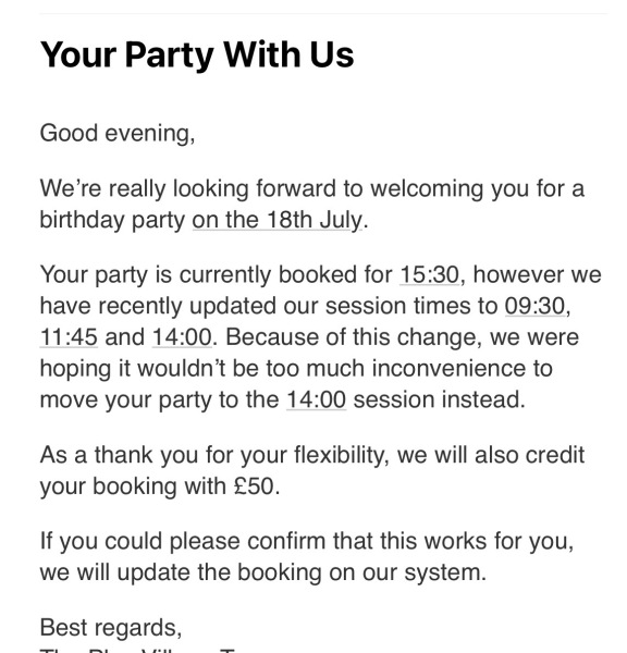 AIBU to be annoyed my daughter’s party package changed last minute?