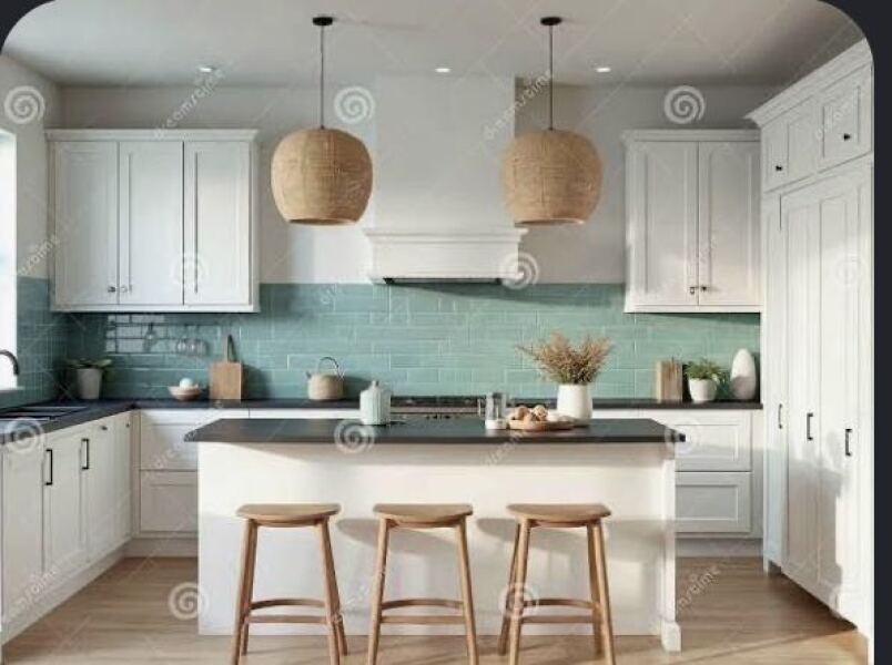 Which worktop colour suits white units, pale wood floor and aqua wall?