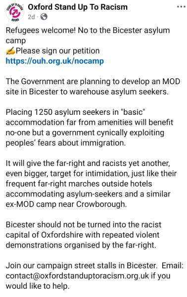 Stand Up to Racism Oxford opposing Bicester refugee camp...whit???