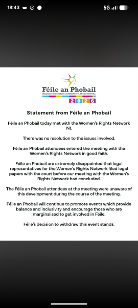 Cancellation of WRN NI event at Féile festival.