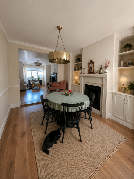 Remove chimney breast and add pony wall/cupboards to improve dining space?
